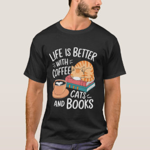 Camiseta Coffee Cats Livros Sobre Design Engraçado Leitura