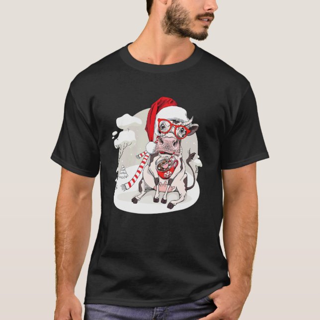 Camiseta Coffee Cow Christmas Lights Cute Xmas Santa Hat An (Frente)