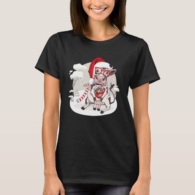 Camiseta Coffee Cow Christmas Lights Cute Xmas Santa Hat An (Frente)