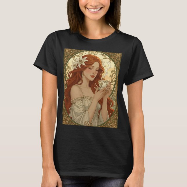 Camiseta Coffee Lover And Lily Flowers Art Nouveau (Frente)