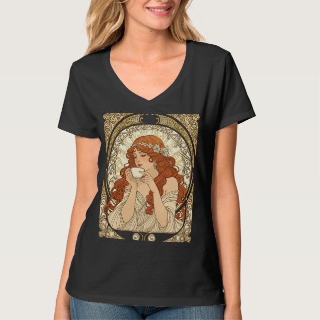 Camiseta Coffee Lover in the Style of Mucha Art Nouveau (Frente)