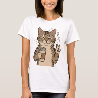 Camiseta "Coffee-Loving Cat" Cotton T-Shirt