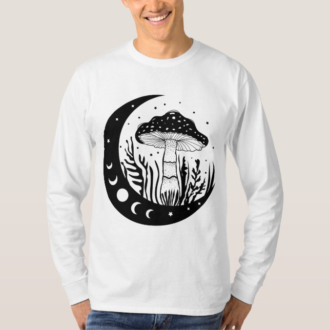 Camiseta Cogumelo Celestial E Fases Da Lua Preto E Branco (Frente)