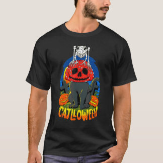 Camiseta Cogumelo de Catlloween Caveira Gato Preto Abóbora
