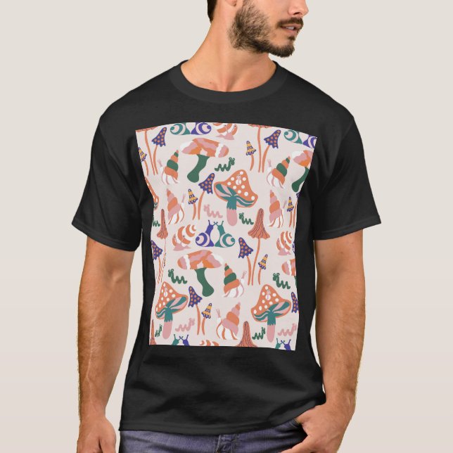 Camiseta Cogumelos de outono, design sem costura colorida. (Frente)