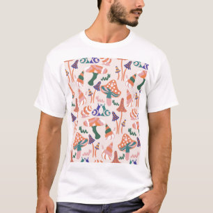 Camiseta Cogumelos de outono, design sem costura colorida.