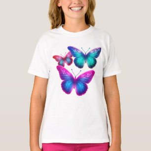 Camiseta Cogumelos Flutuantes Rosa Azul Verde em Branco SS
