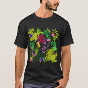 Camiseta Colagem Colorida de Peixes da Vida Oceânica Náutic