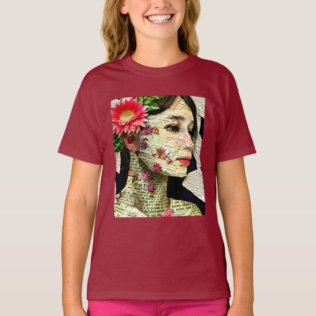 Camiseta Colagem de Arte de Mulheres bonito (Frente)