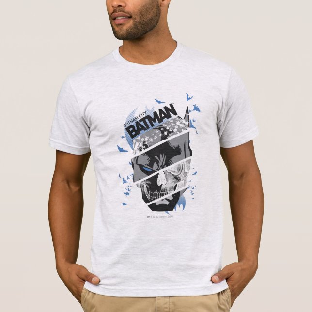 Camiseta Colagem de Crânio de Batman, Cidade de Gotham (Frente)