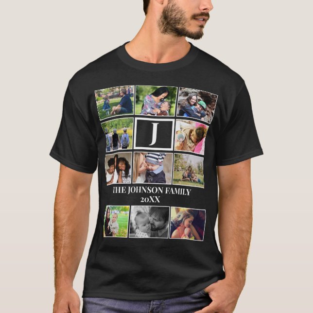 Camiseta Colagem de Fotografias do Monograma 11 da Família  (Frente)
