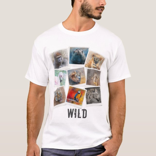 Camiseta Colagem de Fotografias Selvagens de Animais em Aqu (Frente)