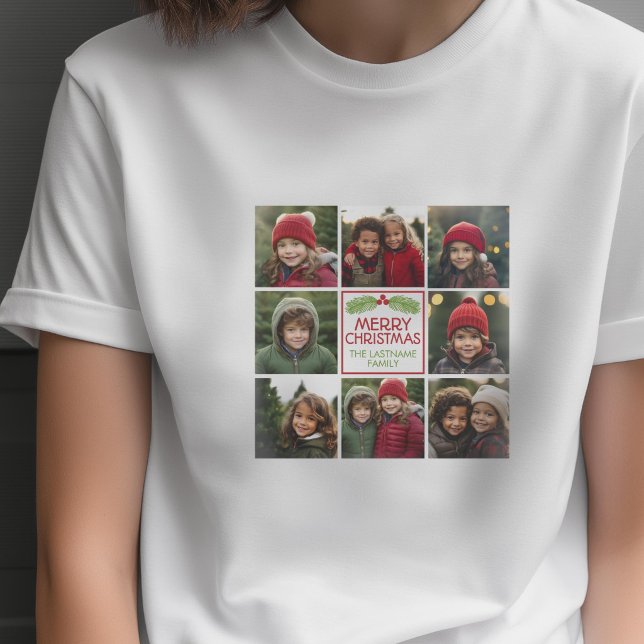Camiseta Colagem de Fotos de Natal com Pinheiro Rústico (Custom Photo T-shirt)