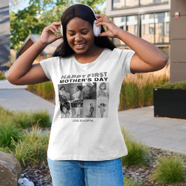 Camiseta Colagem de Fotos do Primeiro Dia da Mãe Preto e Br