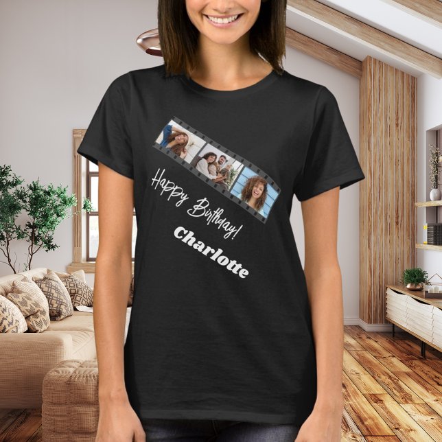 Camiseta Colagem de fotos nome aniversário mulher preta (Criador carregado)
