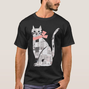 Camiseta Colagem de Gato de Papel com Gato de Fita Rosa Mã