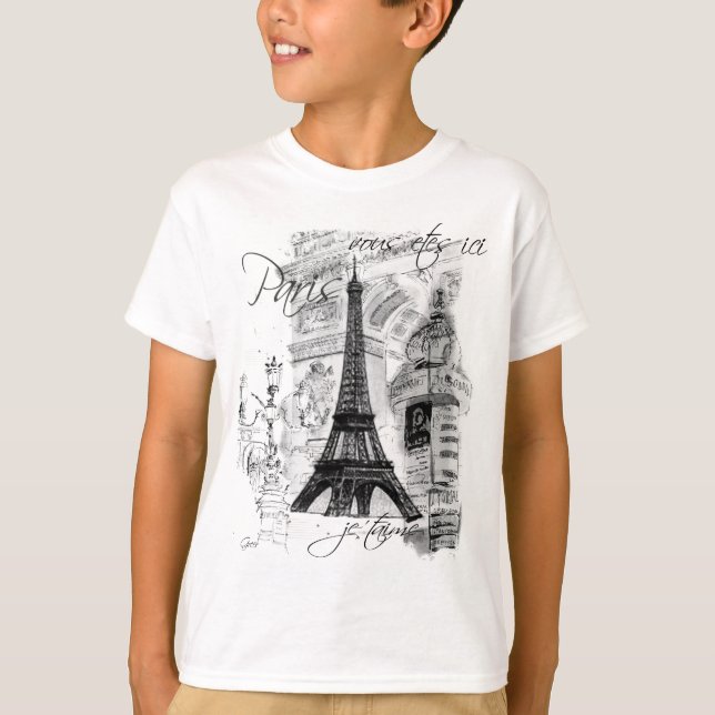 Camiseta Colagem em Cena Francesa em Torre Eiffel de Paris (Frente)