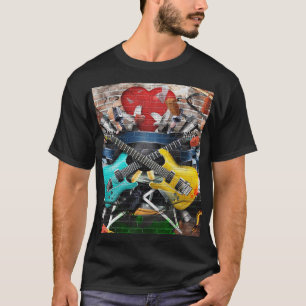 Camiseta Colagem Musical: Fundo Rítmico Colorido.