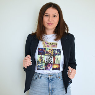 Camiseta Colagem personalizada de fotos Código Qr e logotip