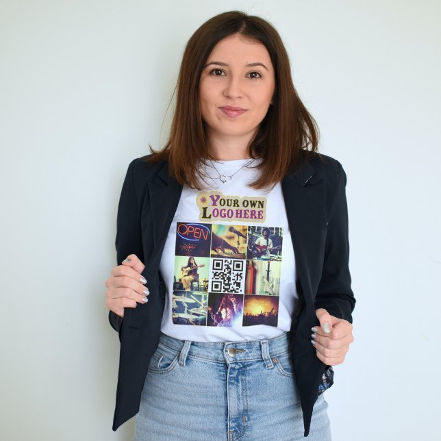 Camiseta Colagem personalizada de fotos Código Qr e logotip (Criador carregado)