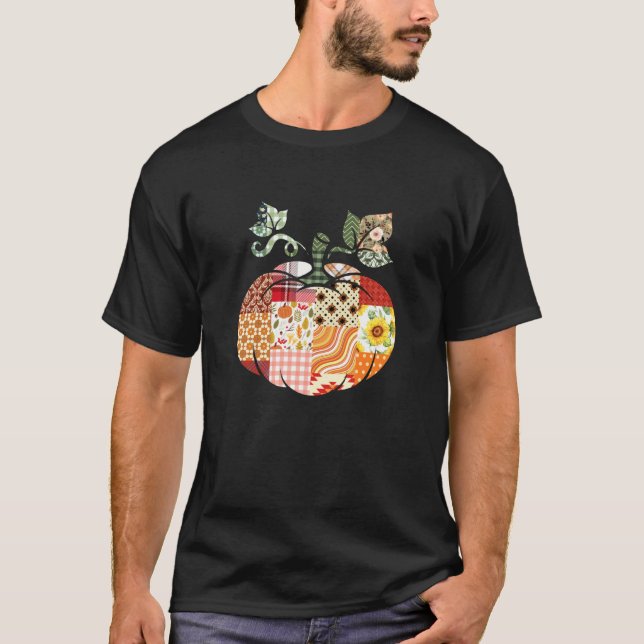 Camiseta Colcha de Halloween de Abóbora em Patchwork Vibraç (Frente)