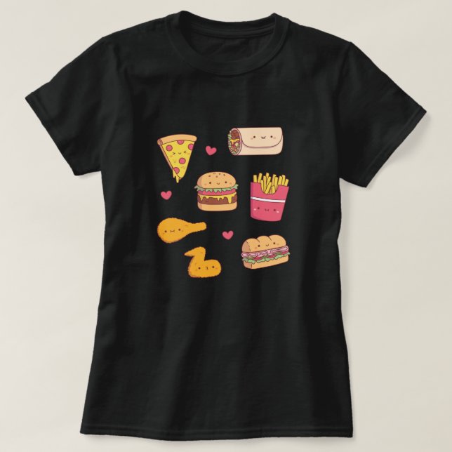 Camiseta Coleção de Desenhos de Comida Rápida Fofa (Frente do Design)