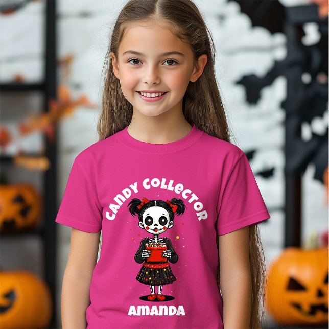 Camiseta Coletor de Doces Bonitos Skeleton Girls Halloween (Cute Candy Colloector Skeleton Girls Halloween T-Shirt)