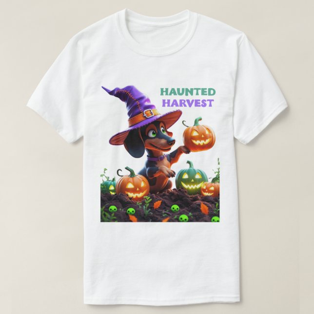 Camiseta Colheita Assombrada – Guarda de Halloween de Dachs (Frente do Design)