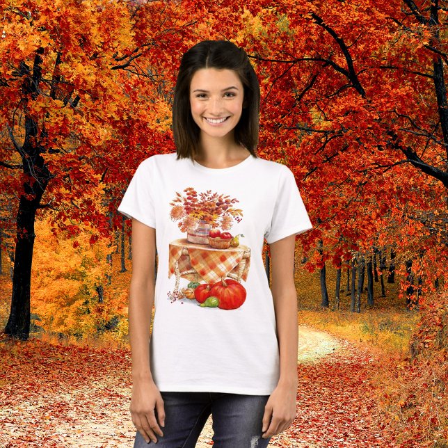 Camiseta Colheita de outono quente Mesa estática feminina (Autumn Floral Pumpkin Oktoberfest Womens T-Shirt)