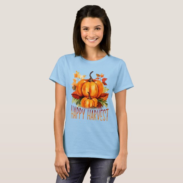 Camiseta "Colheita Feliz" Aquarela Pumpkin e Folhas de Qued (Frente Completa)