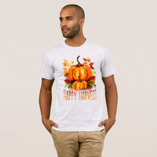 Camiseta "Colheita Feliz" Aquarela Pumpkin e Folhas de Qued