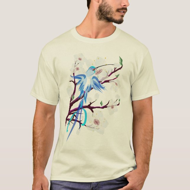 Camiseta Colibri e flores de cerejeira azuis (Frente)