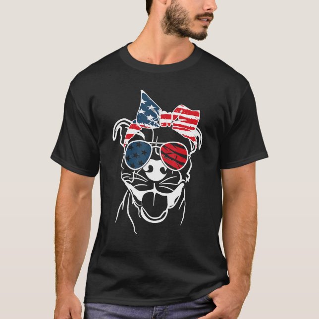 Camiseta Coll Patriot Pitbull dog With Glasses 4TH OF JULY (Frente)
