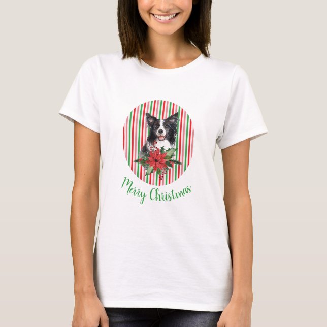 Camiseta Collie De Borda De Aquarela Com Poinsettia (Frente)