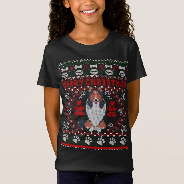 Camiseta Collie Dog Felry Christmas Ugly Sweater Engraçado  (Frente)