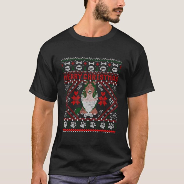 Camiseta Collie Dog Felry Christmas Ugly Sweater Engraçado  (Frente)