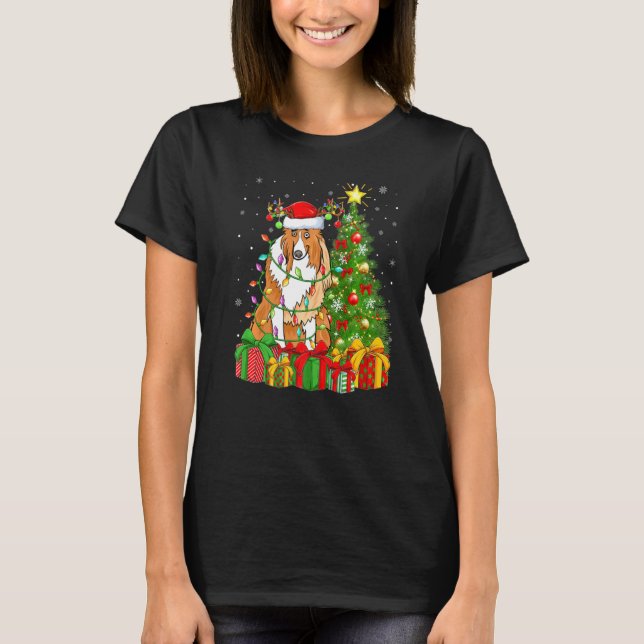 Camiseta Collie Dog Lighting Xmas Tree Santa Hat Collie Chr (Frente)