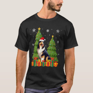 Camiseta Collie Dog Xmas Tree Lights Santa Hat Ugly Natal