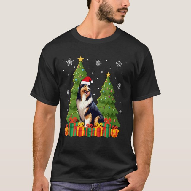 Camiseta Collie Dog Xmas Tree Lights Santa Hat Ugly Natal (Frente)