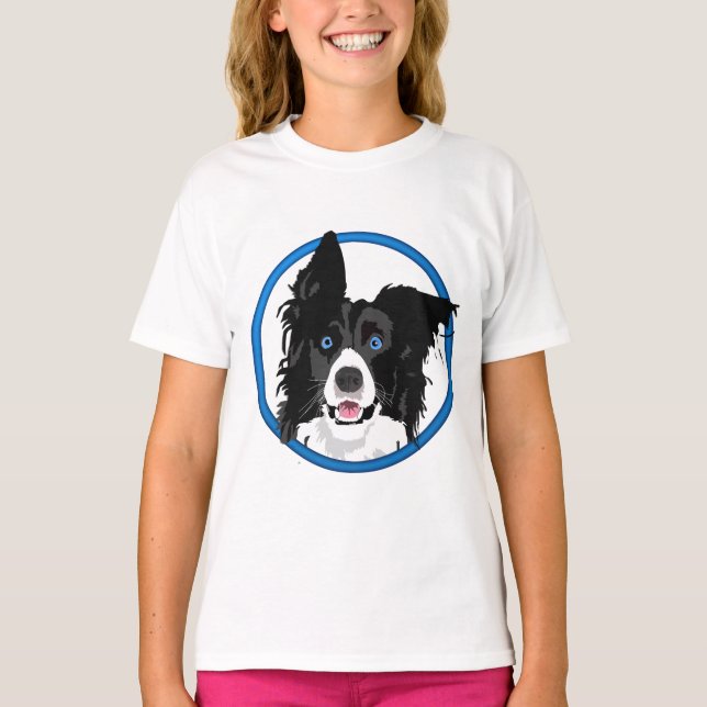Camiseta Collie Preto e Branco com Olhos Azuis Brilhantes. (Frente)