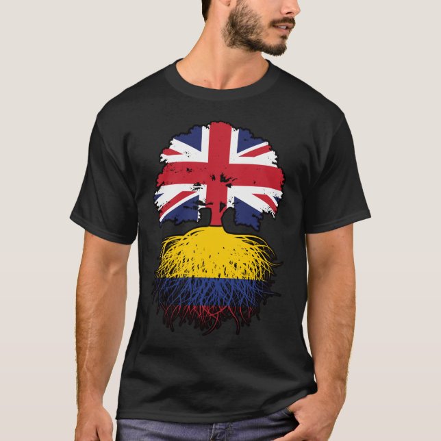 Camiseta Colômbia: Bandeira das Raízes da Árvore Britânica  (Frente)