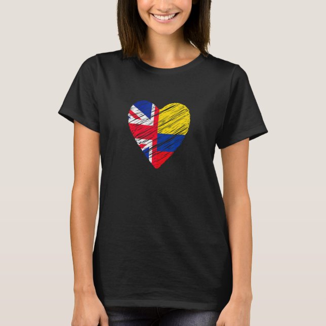 Camiseta Colômbia Excelente Grã-Bretanha Heart Uk Flag Colo (Frente)