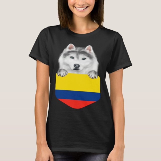 Camiseta Colombia Flag Siberian Husky Dog In Pocket (Frente)