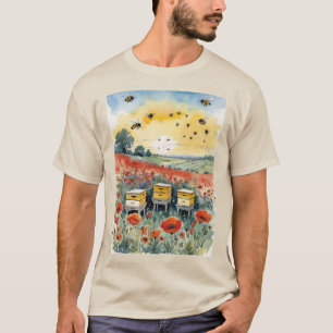 Camiseta Colônias de Abelhas e Abelhas em um Campo de Papou