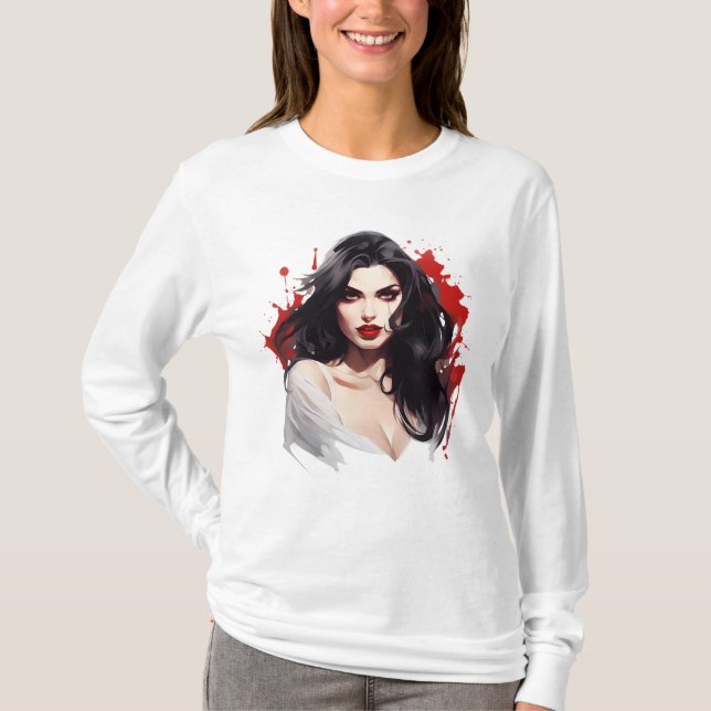 Camiseta Coloque seus dentes no Dia das Bruxas: Garota Vamp (Frente)