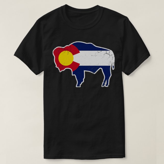 Camiseta Colorado Flag Buffalo Bison Art (Frente do Design)