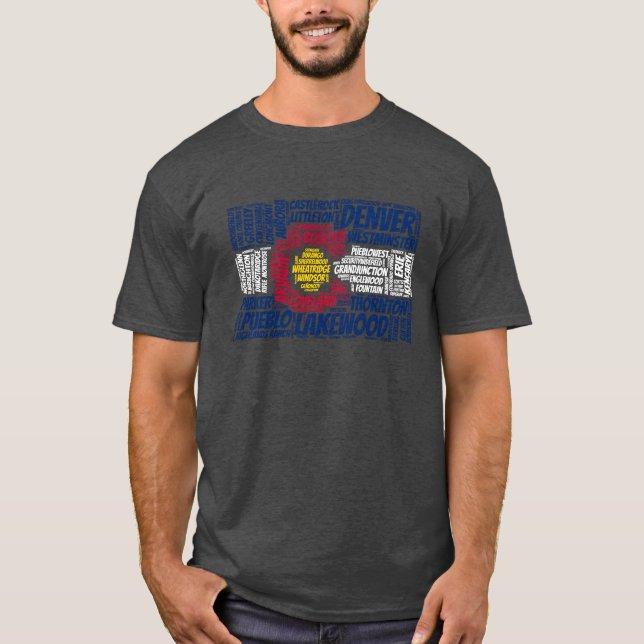 Camiseta Colorado Flag com City Names Word Art (Frente)