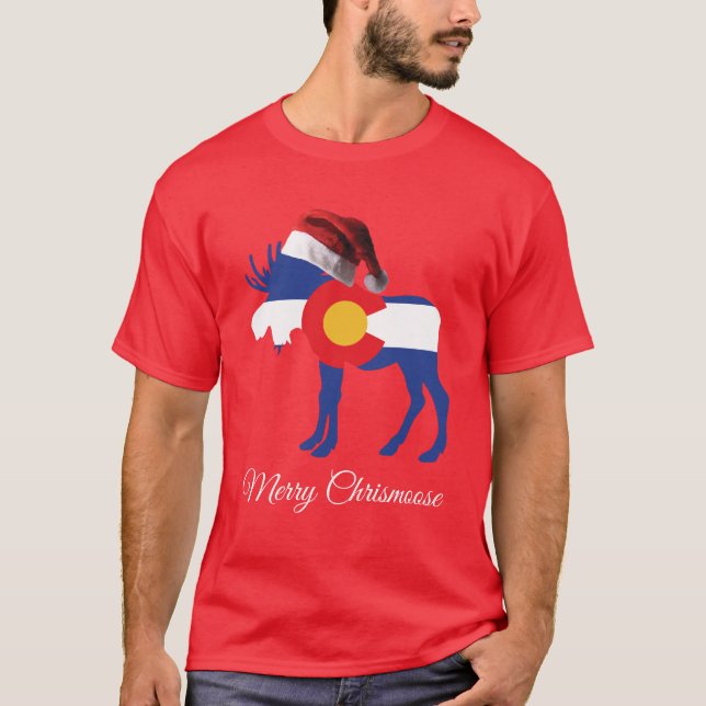 Camiseta Colorado Moose vestindo um chapéu de Papai Noel (Frente)