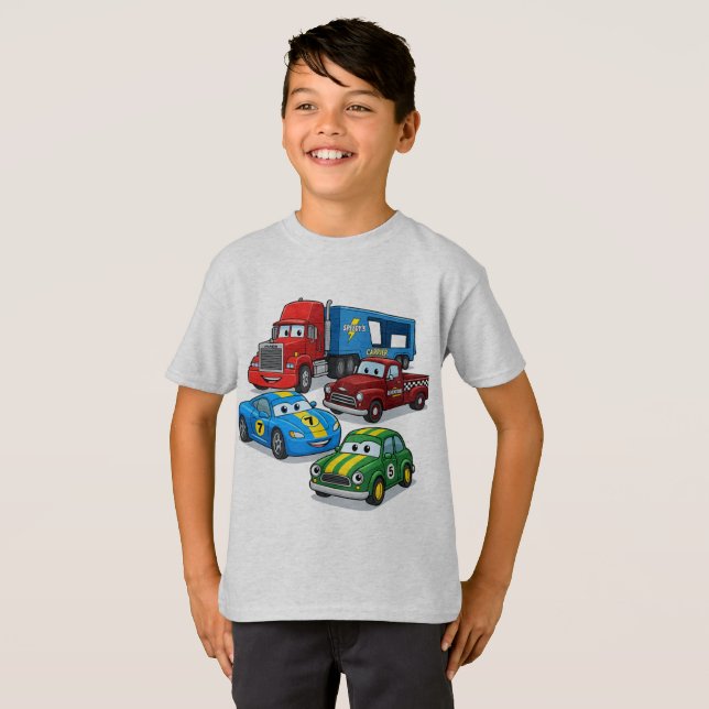 Camiseta Colorful Cartoon Trucks and Cars Boys' T-Shirt (Frente Completa)