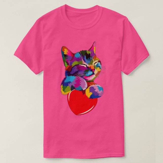 Camiseta Colorful Cat Hugging Heart  (Frente do Design)